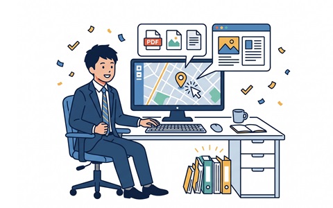 複数レイヤーが1つの地図に美しく重なるシステム画面の親しみやすいイラスト