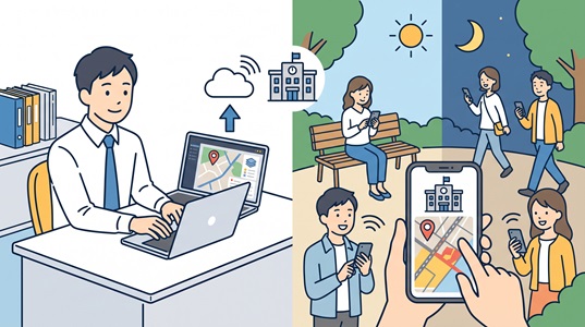 複数レイヤーが1つの地図に美しく重なるシステム画面の親しみやすいイラスト